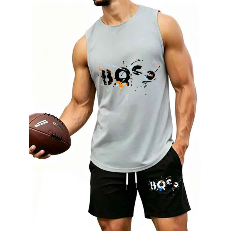 Men's  Graffiti Letter Print 2-Piece Tracksuit, Sleeveless Muscle Tank Top with Drawstring Shorts, Casual Urban Sportswear