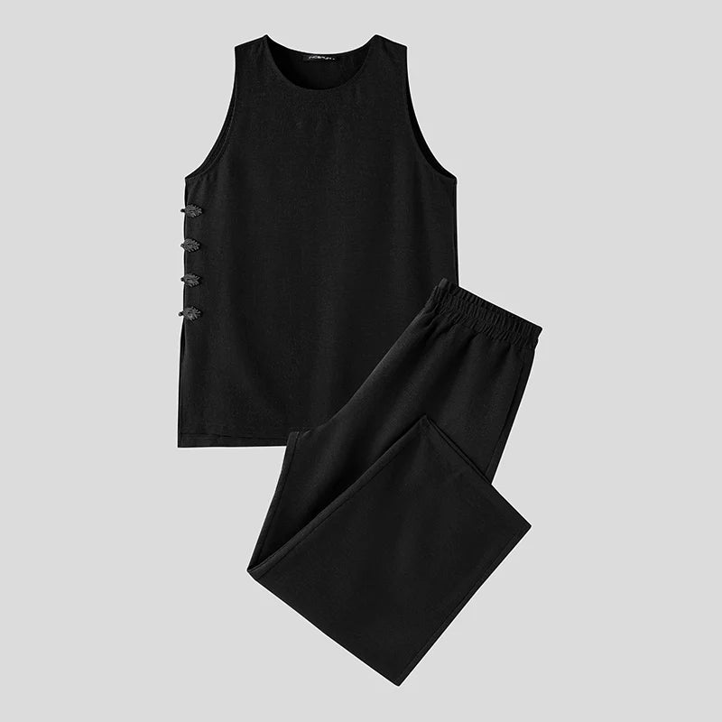 INCERUN Men's Sets Solid Vintage Streetwear Loose Sleeveless Tank Tops Pants Two Piece Sets 2026 Summer Casual Men Matching Sets