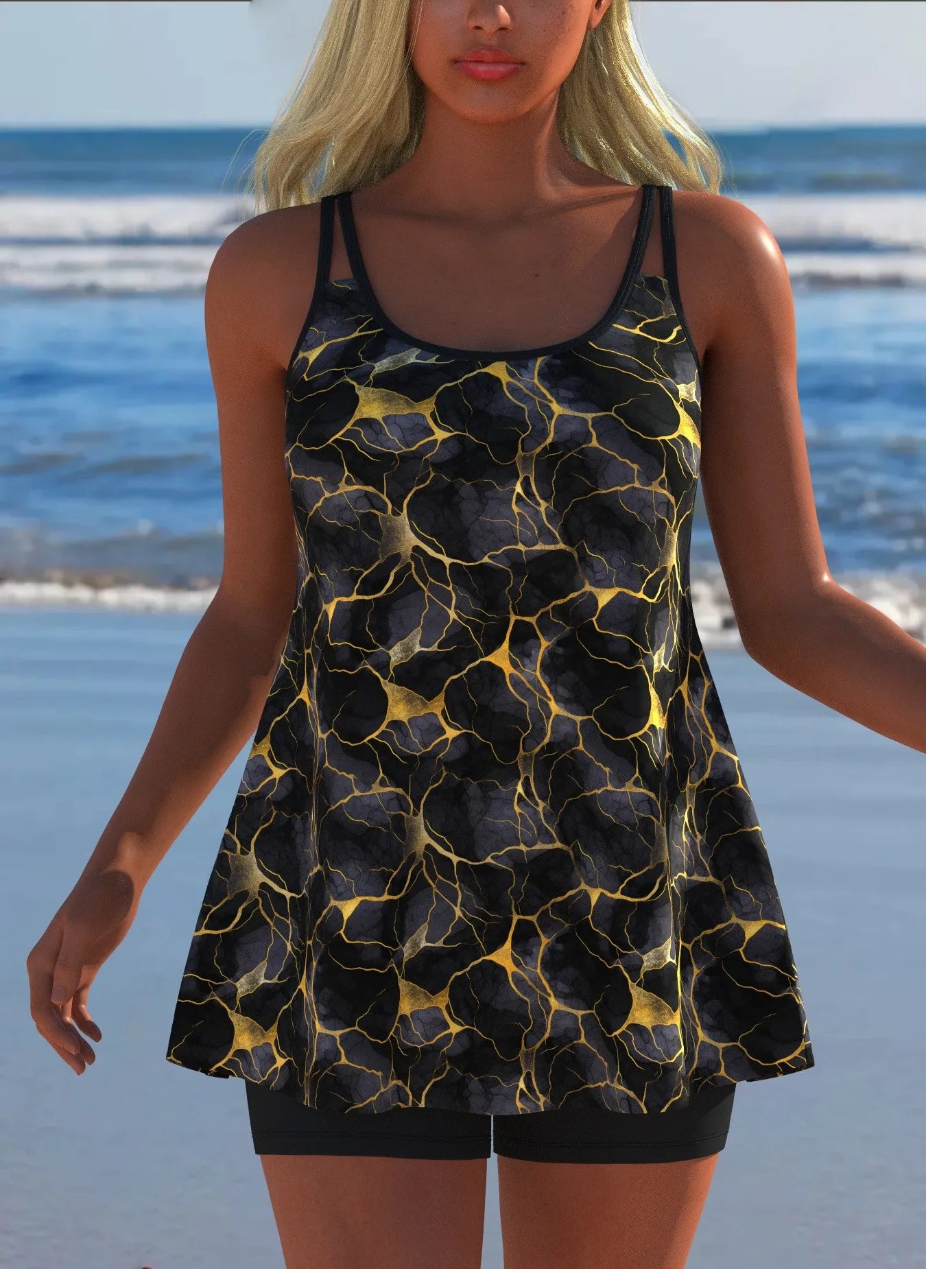 Black White Print Tankini Sleeveless Flared Hem Tankini Top High Stretch Swim Tank Gradient Adjustable Straps Two Piece Swim Top