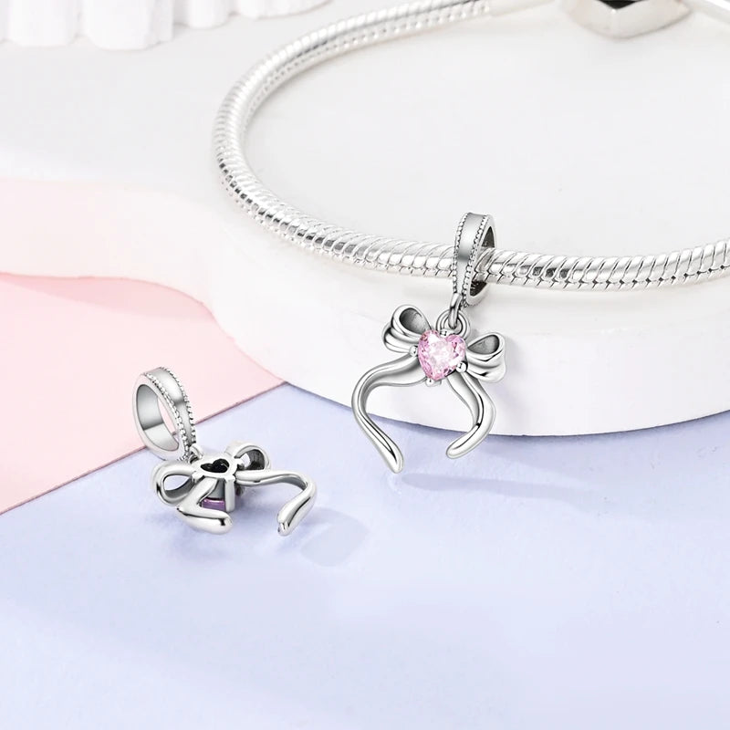 Silver Bow Charms 925 Sterling Silver Pink Heart-shaped Bow Pendants Charms Beads Fit Original S925 Bangle Bracelets DIY Jewelry