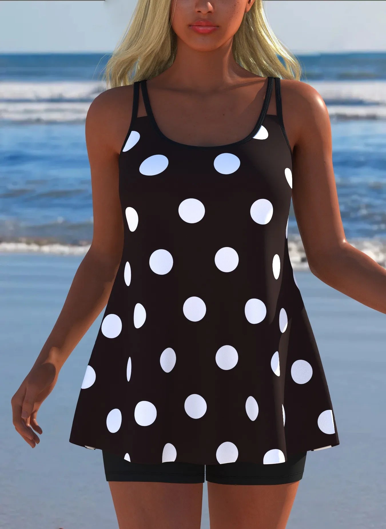 Black White Print Tankini Sleeveless Flared Hem Tankini Top High Stretch Swim Tank Gradient Adjustable Straps Two Piece Swim Top