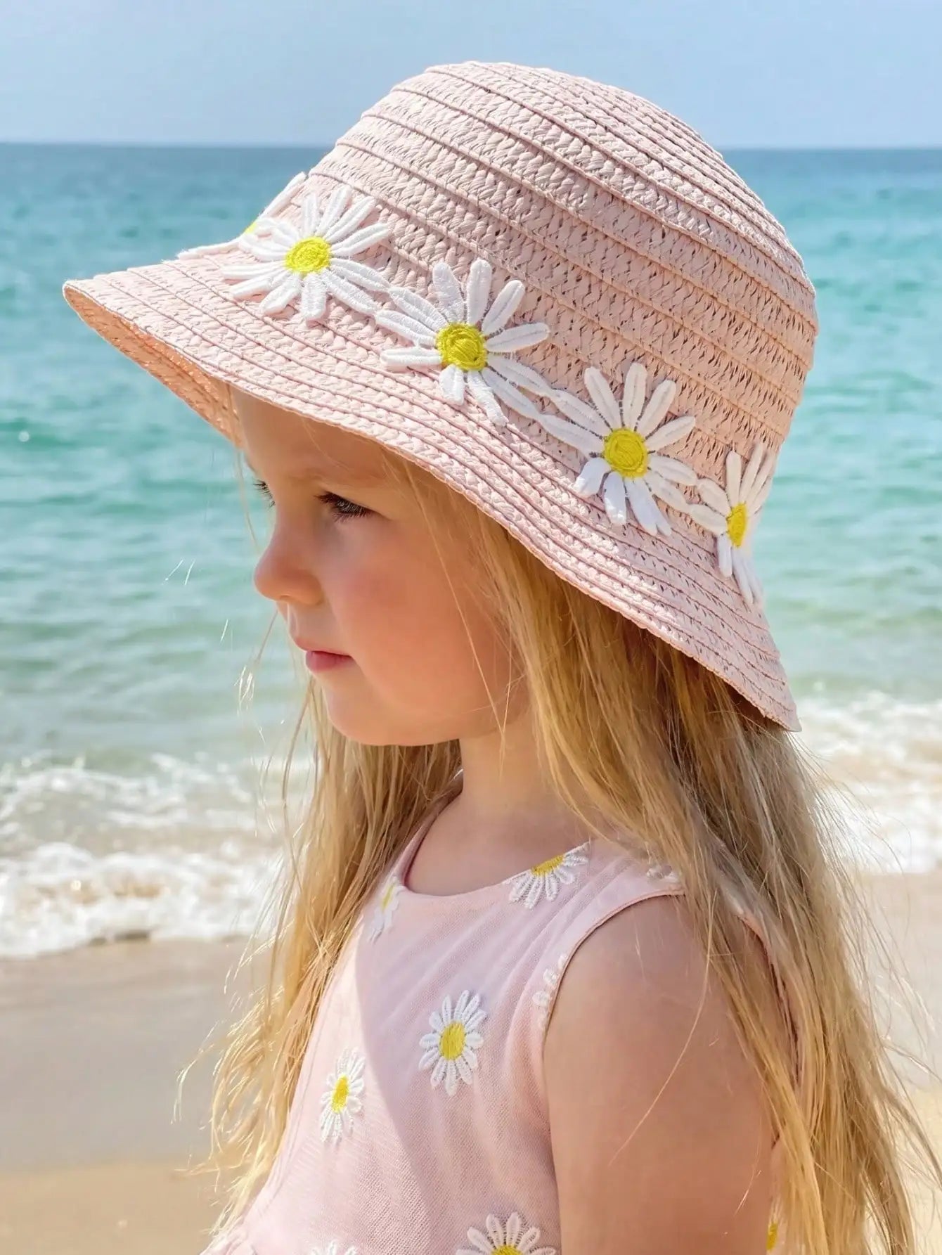 1Pc 1-5Y Girls Pink Straw Hat With Daisy Pattern Breathable Sun Hat For Beach Outdoor Sports Holiday Casual Daily Wear
