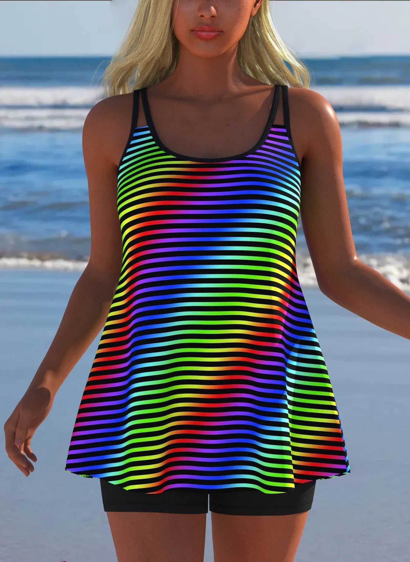 Black White Print Tankini Sleeveless Flared Hem Tankini Top High Stretch Swim Tank Gradient Adjustable Straps Two Piece Swim Top