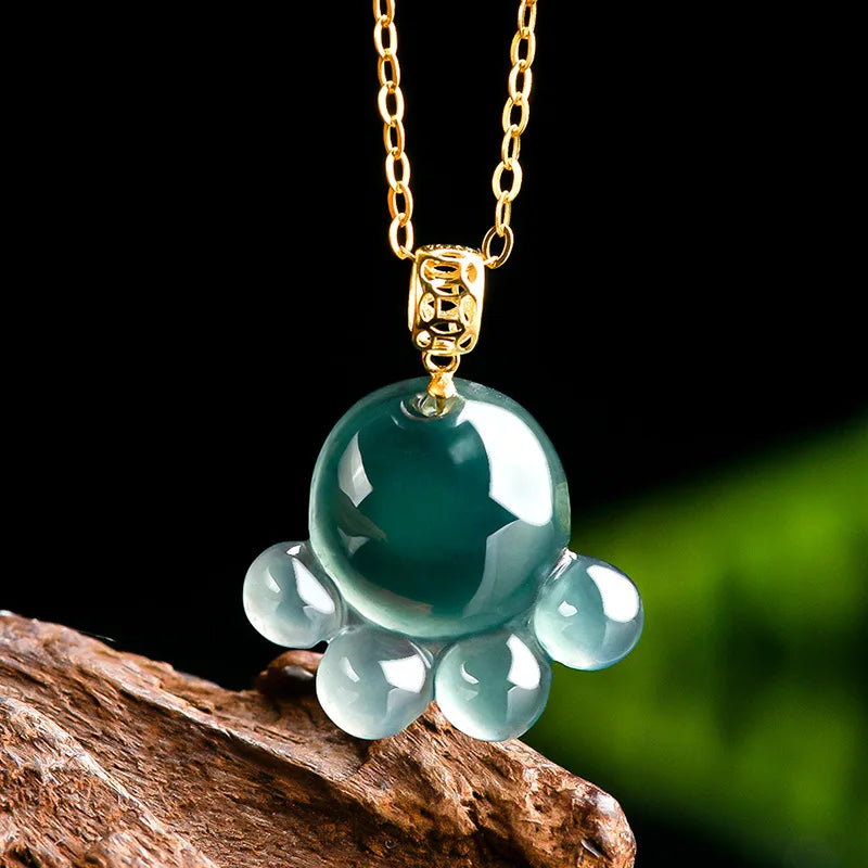Natural Real Emerald Blue Water Jade Cat's Paw Pendant Necklace Carved Jadeite Jewelry Fashion Amulet Gifts Certificate Women