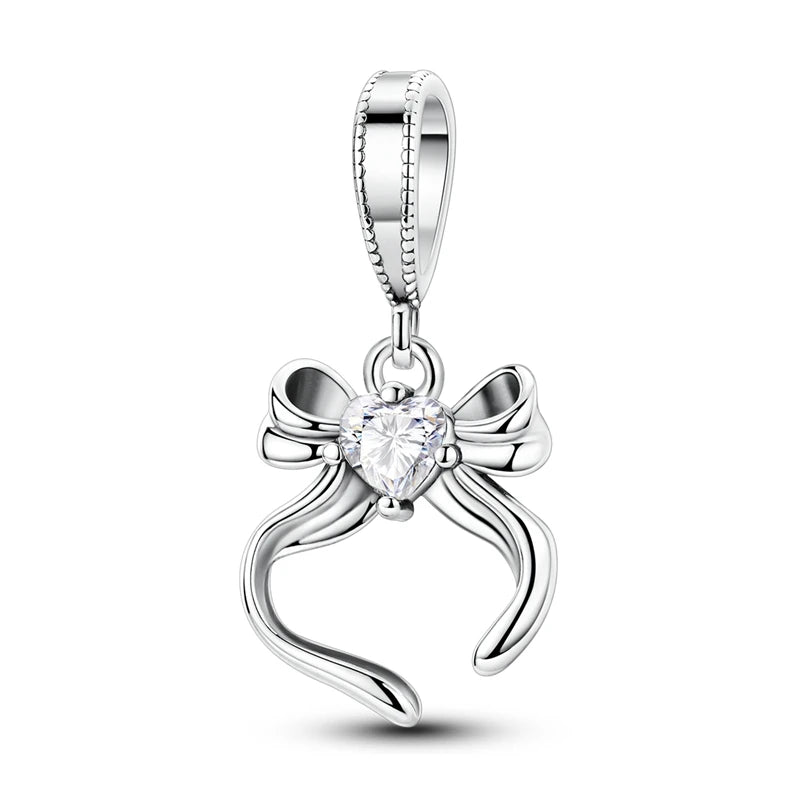 Silver Bow Charms 925 Sterling Silver Pink Heart-shaped Bow Pendants Charms Beads Fit Original S925 Bangle Bracelets DIY Jewelry
