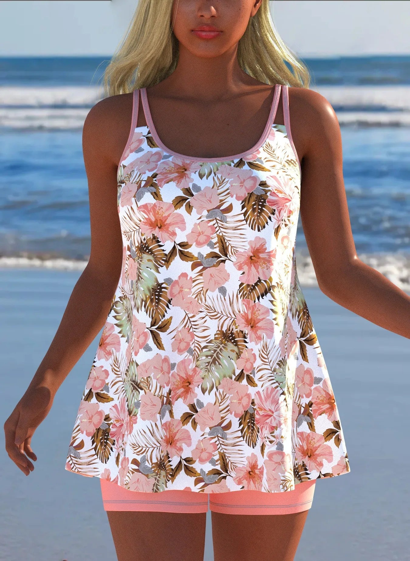 Black White Print Tankini Sleeveless Flared Hem Tankini Top High Stretch Swim Tank Gradient Adjustable Straps Two Piece Swim Top