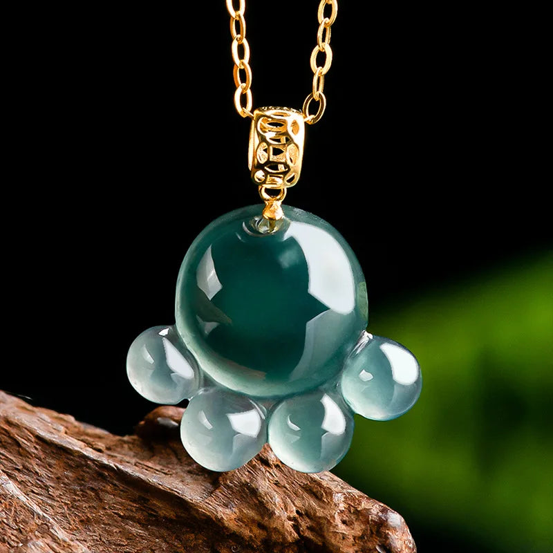 Natural Real Emerald Blue Water Jade Cat's Paw Pendant Necklace Carved Jadeite Jewelry Fashion Amulet Gifts Certificate Women
