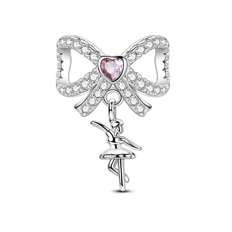 Silver Bow Charms 925 Sterling Silver Pink Heart-shaped Bow Pendants Charms Beads Fit Original S925 Bangle Bracelets DIY Jewelry