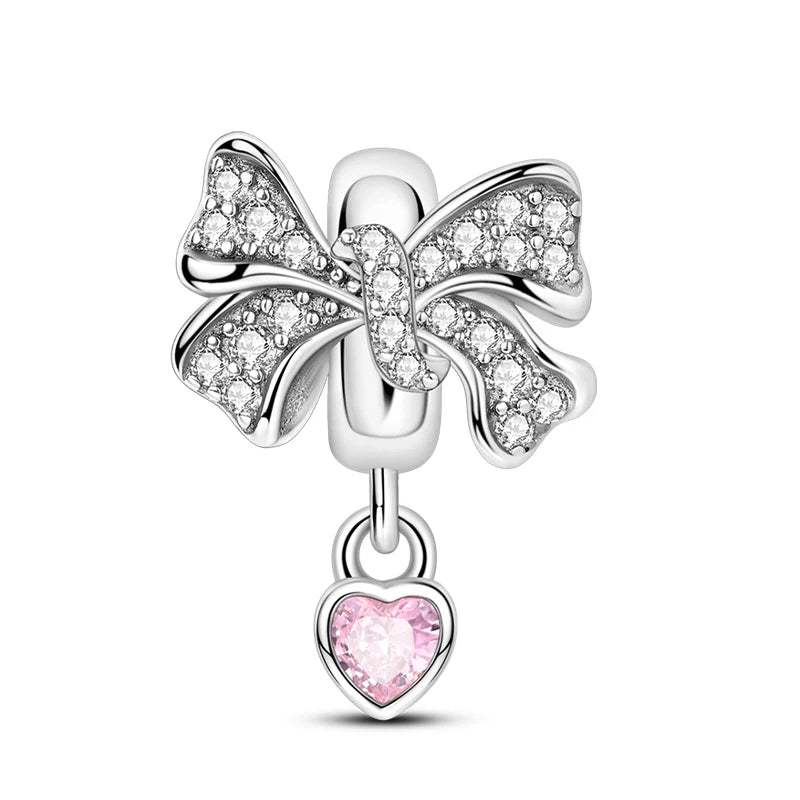 Silver Bow Charms 925 Sterling Silver Pink Heart-shaped Bow Pendants Charms Beads Fit Original S925 Bangle Bracelets DIY Jewelry