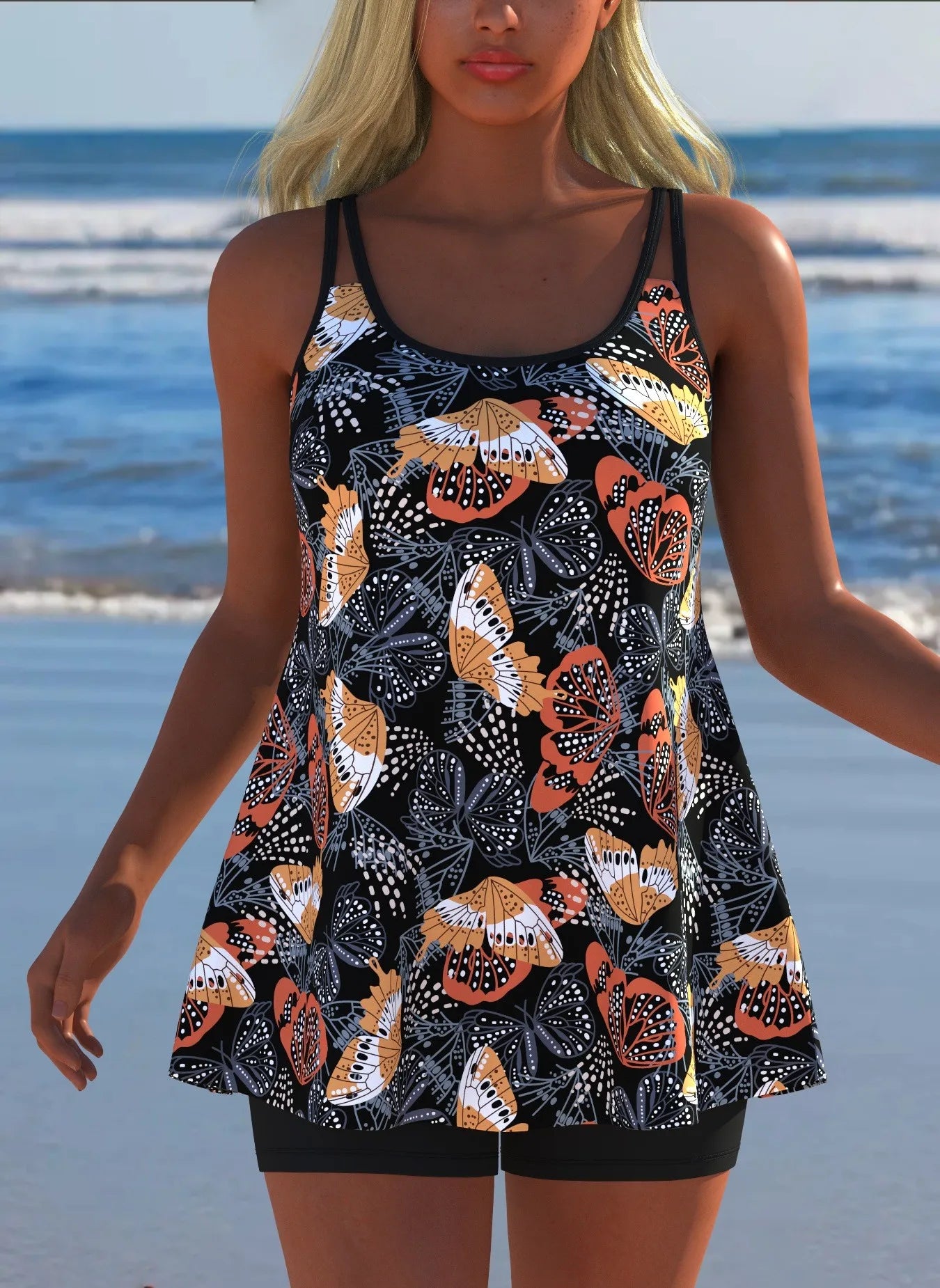 Black White Print Tankini Sleeveless Flared Hem Tankini Top High Stretch Swim Tank Gradient Adjustable Straps Two Piece Swim Top