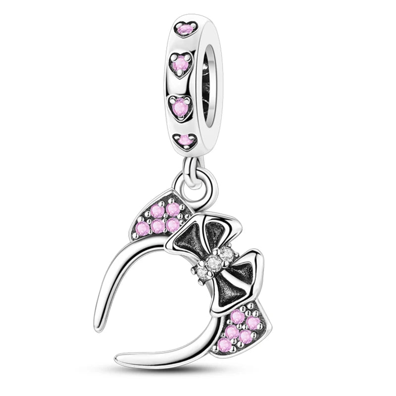 Silver Bow Charms 925 Sterling Silver Pink Heart-shaped Bow Pendants Charms Beads Fit Original S925 Bangle Bracelets DIY Jewelry