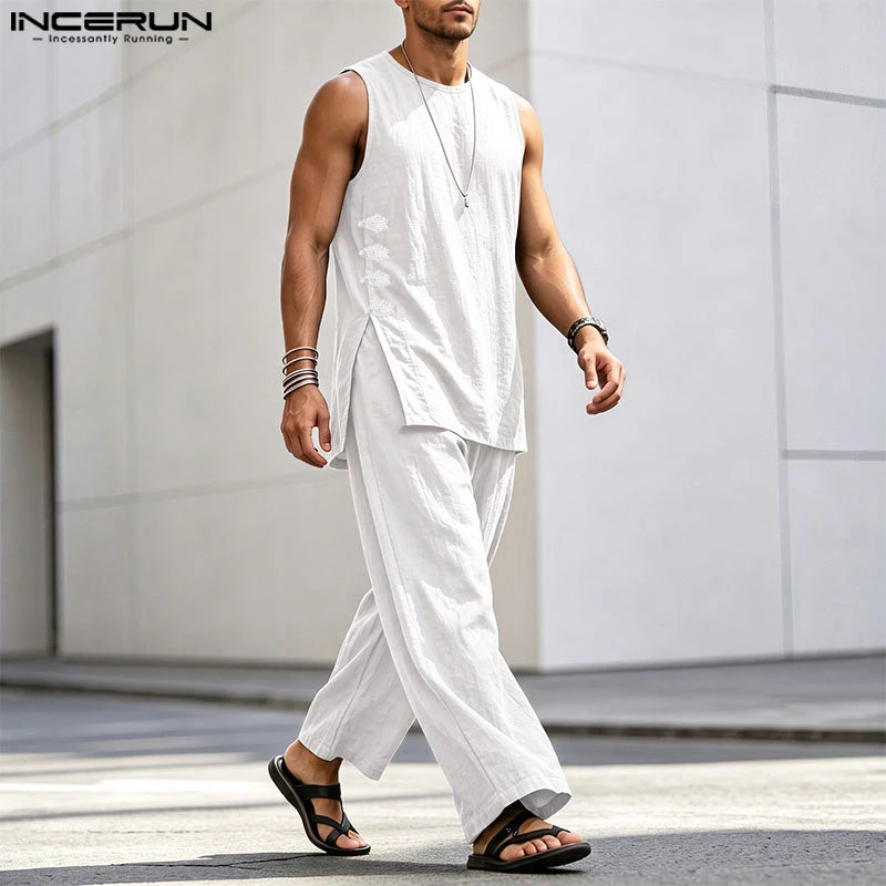 INCERUN Men's Sets Solid Vintage Streetwear Loose Sleeveless Tank Tops Pants Two Piece Sets 2026 Summer Casual Men Matching Sets