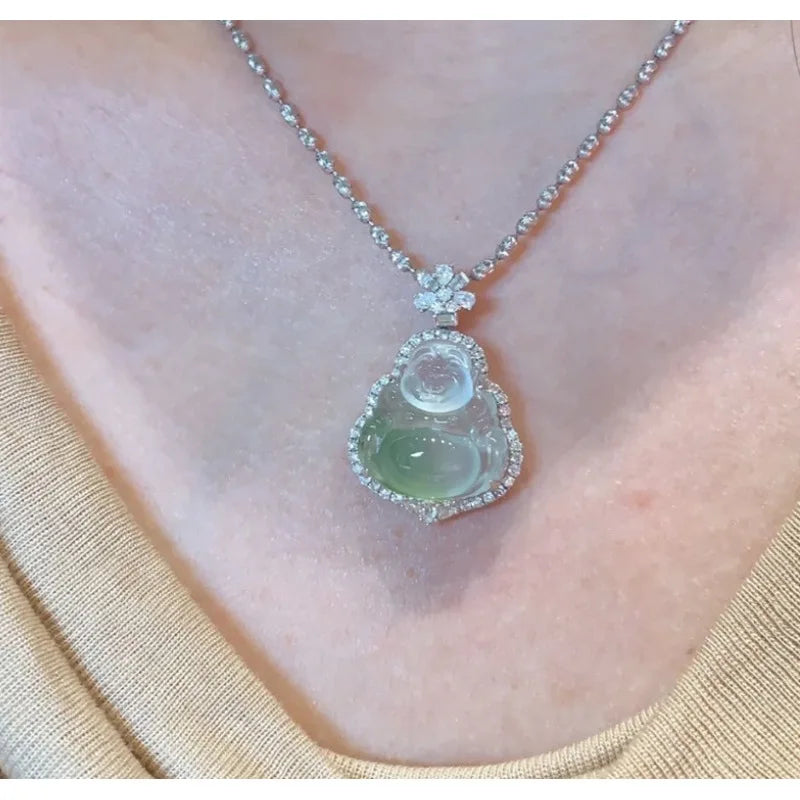 Natural ice Buddha with floral patterns, 1k inlay, genuine Burmese clear water jadeite pendant