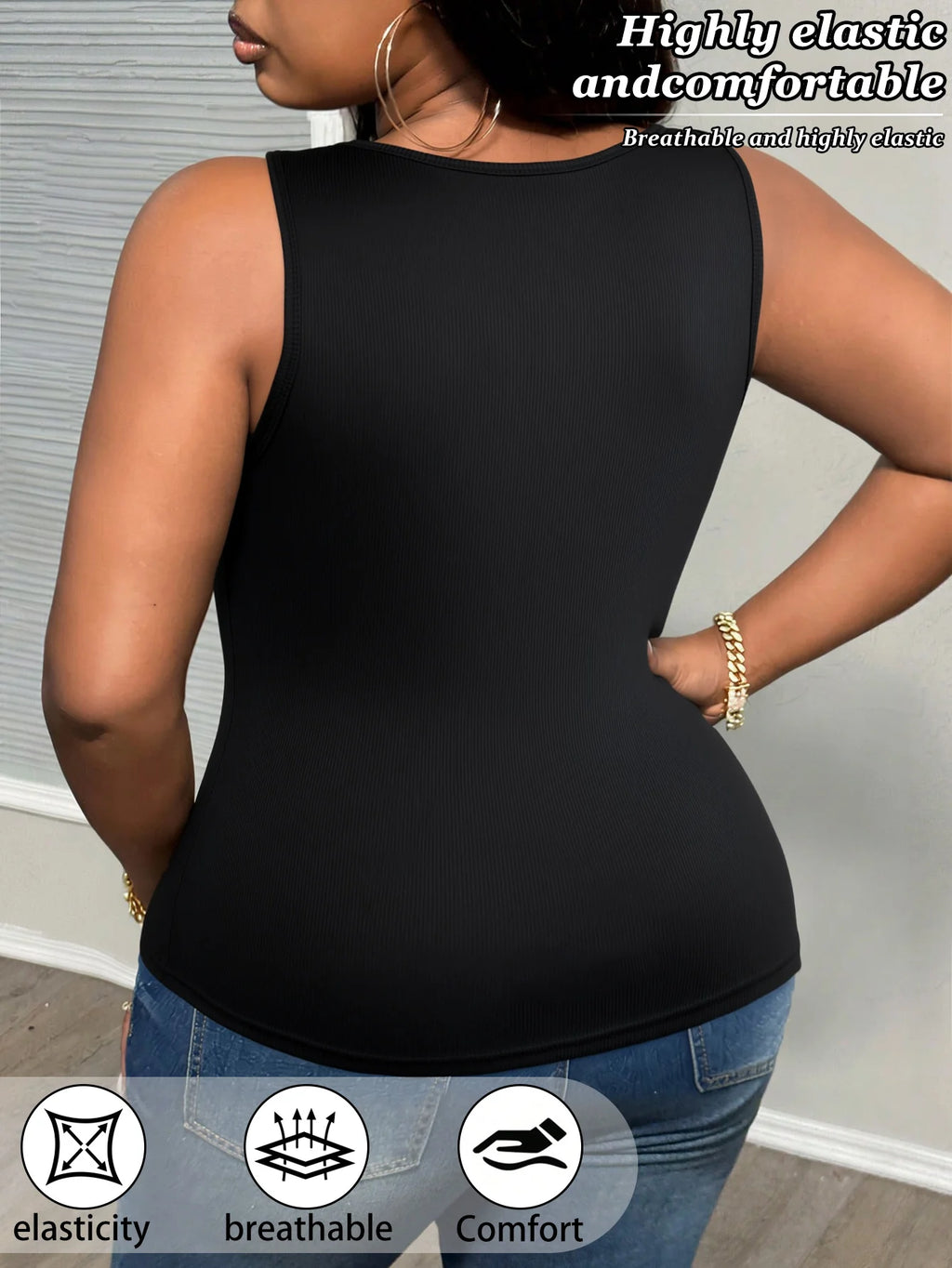 3-Pack Plus Size Lace V-Neck Vests, Wide Strap Slim Ribbed Undershirts, Women's Casual Sleeveless Tops