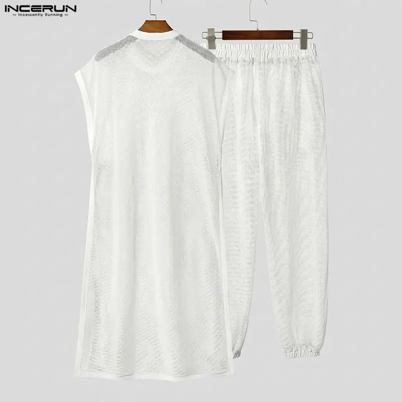 INCERUN Men Sets Mesh See Through Sleeveless Irregular Vests Pants Two Piece Sets Streetwear Sexy 2026 Fashion Men Matching Sets
