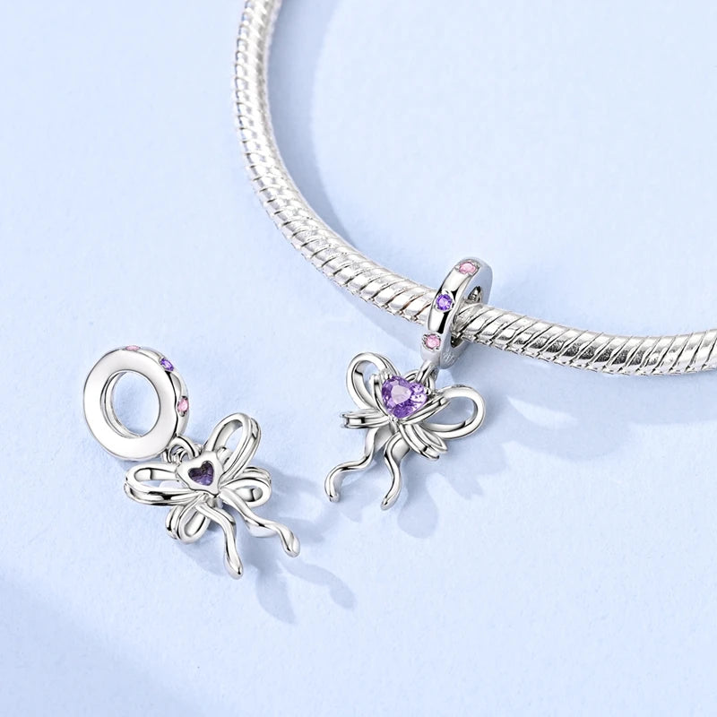 Silver Bow Charms 925 Sterling Silver Pink Heart-shaped Bow Pendants Charms Beads Fit Original S925 Bangle Bracelets DIY Jewelry