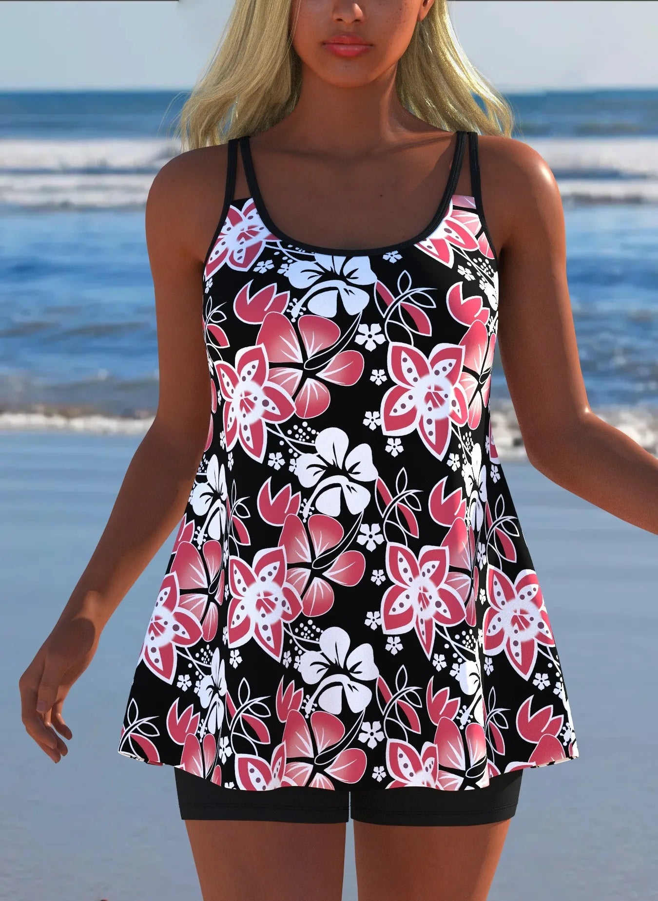 Black White Print Tankini Sleeveless Flared Hem Tankini Top High Stretch Swim Tank Gradient Adjustable Straps Two Piece Swim Top