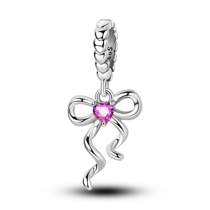 Silver Bow Charms 925 Sterling Silver Pink Heart-shaped Bow Pendants Charms Beads Fit Original S925 Bangle Bracelets DIY Jewelry