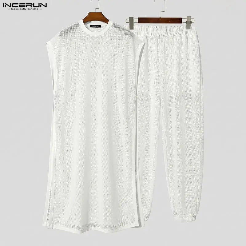 INCERUN Men Sets Mesh See Through Sleeveless Irregular Vests Pants Two Piece Sets Streetwear Sexy 2026 Fashion Men Matching Sets