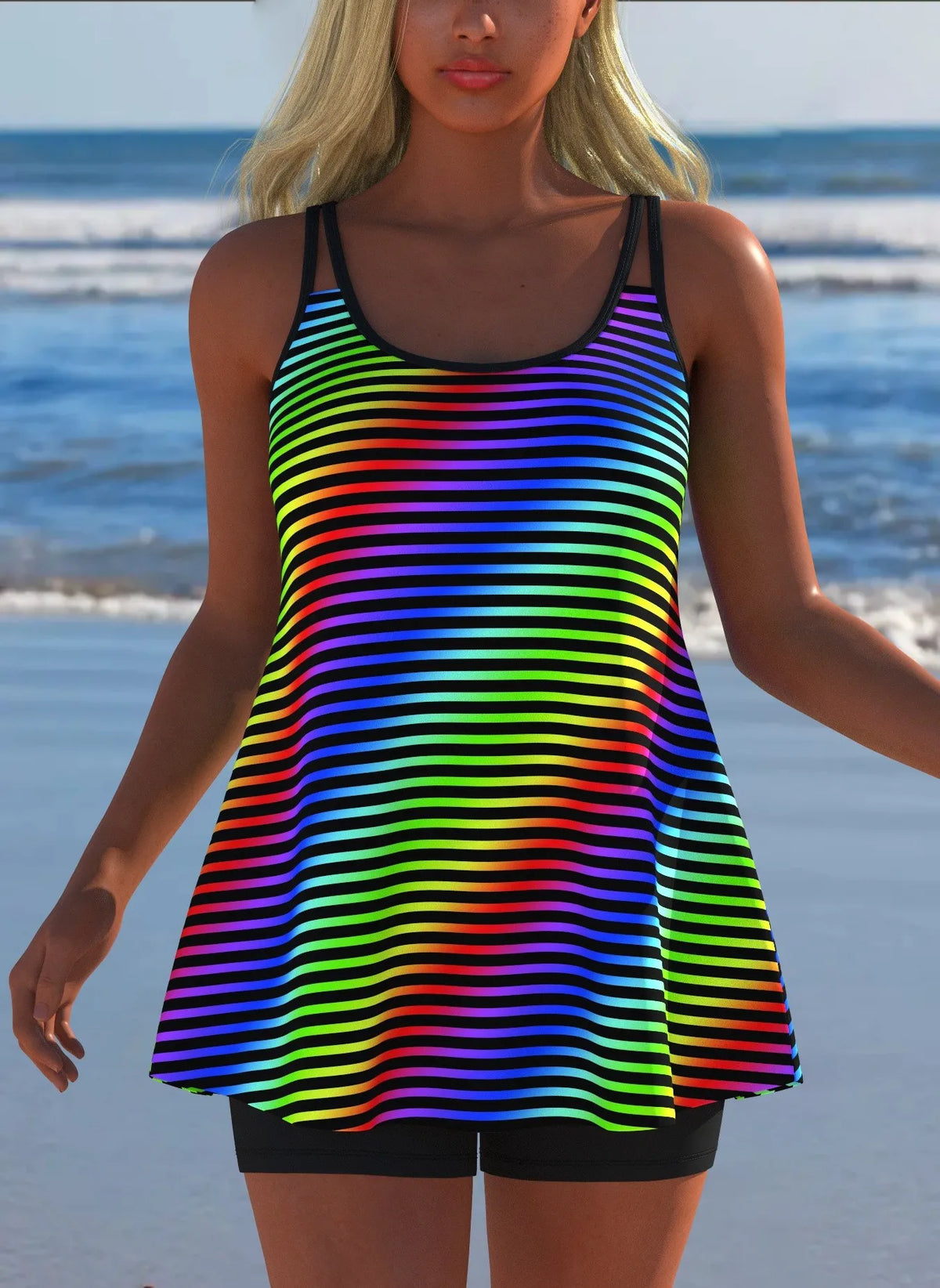 Black White Print Tankini Sleeveless Flared Hem Tankini Top High Stretch Swim Tank Gradient Adjustable Straps Two Piece Swim Top