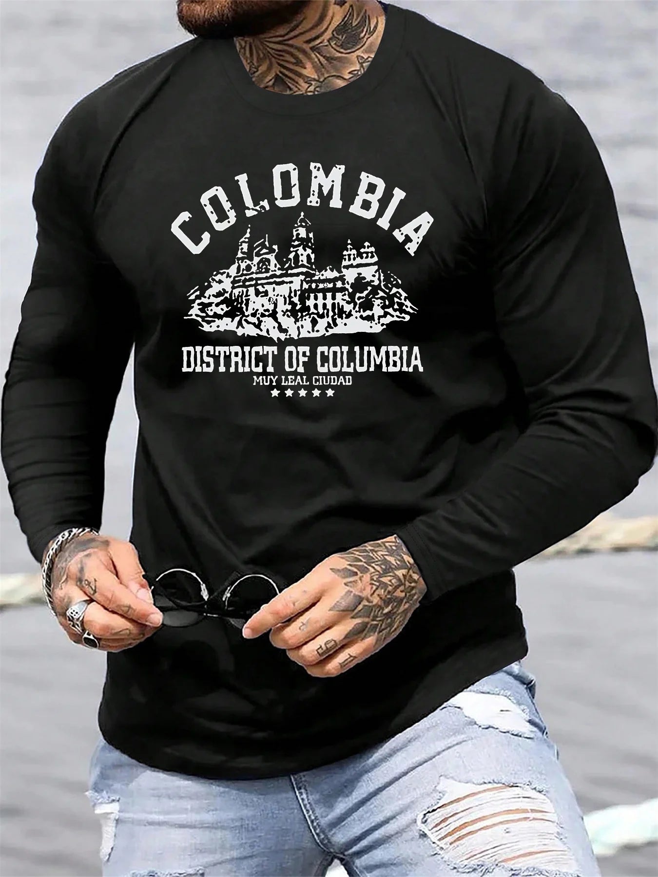 100% cotton men's long sleeved round neck loose Colombian architectural pattern print autumn/winter casual versatile T-shirt top