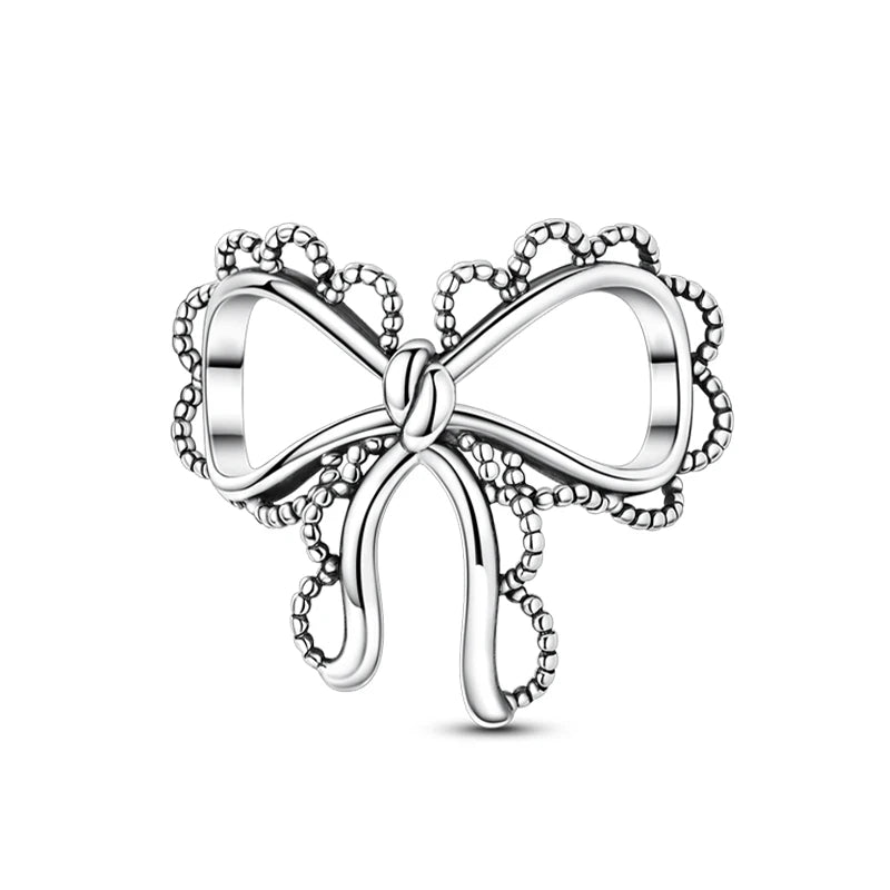 Silver Bow Charms 925 Sterling Silver Pink Heart-shaped Bow Pendants Charms Beads Fit Original S925 Bangle Bracelets DIY Jewelry