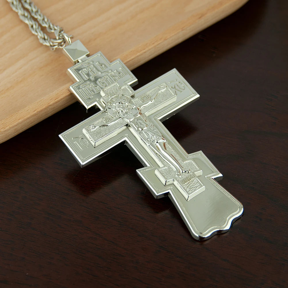 New Orthodox Cross Necklace Pendant 3D Holy Crucifix Jesus Engraved Gold Silver Large Religious Jewelry Chain Men Prayer Gift