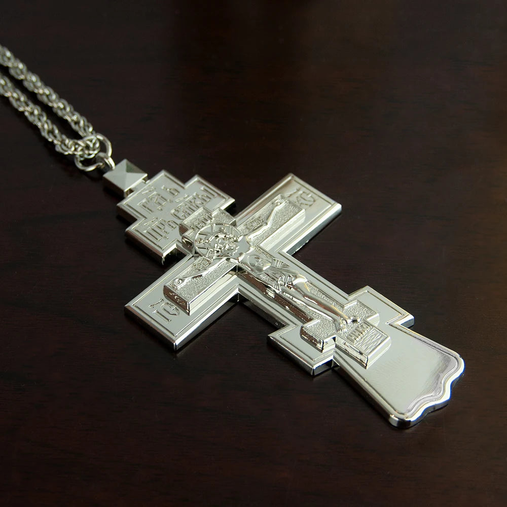 New Orthodox Cross Necklace Pendant 3D Holy Crucifix Jesus Engraved Gold Silver Large Religious Jewelry Chain Men Prayer Gift