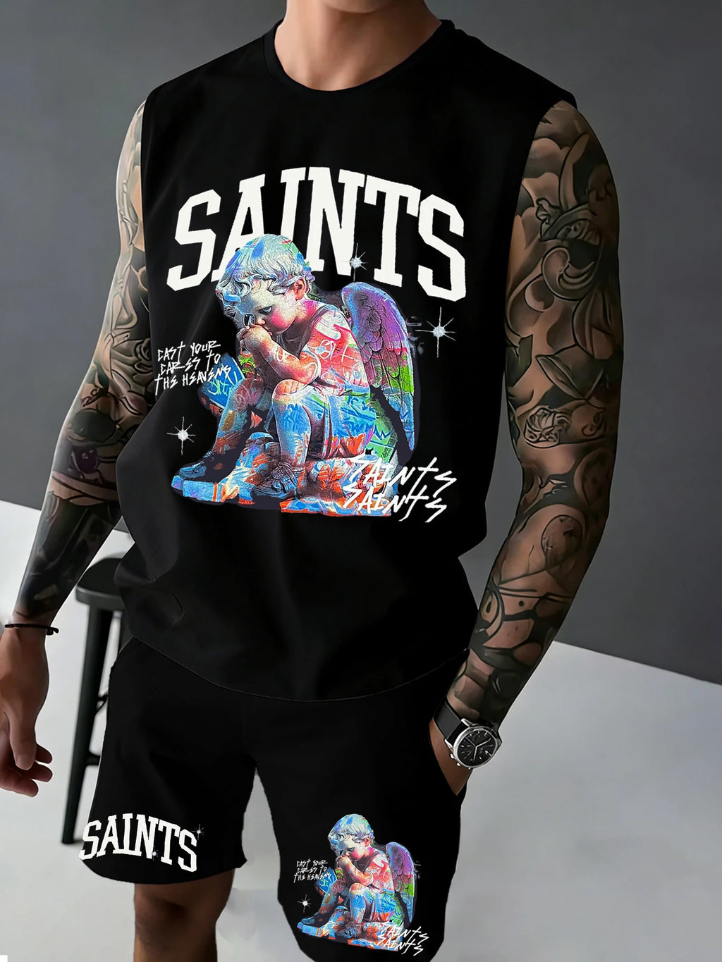 Men's Printed Sleeveless Tank Top and Shorts Set: Casual, Sports, and Leisure Summer Outfits