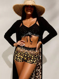 Women's Black Rhinestone Bikini Top & Leopard Print Shorts With Long Black Cover Up