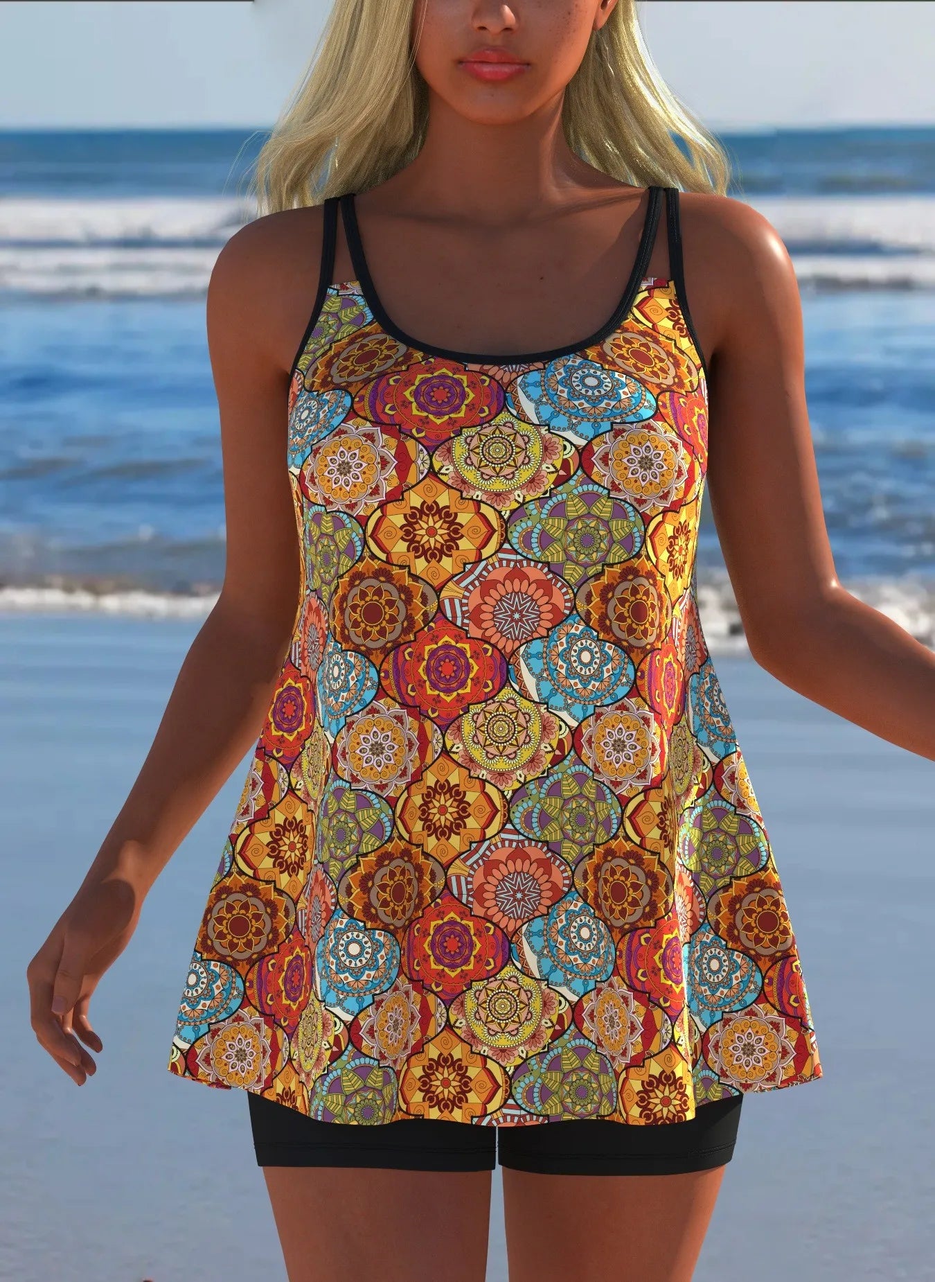 Black White Print Tankini Sleeveless Flared Hem Tankini Top High Stretch Swim Tank Gradient Adjustable Straps Two Piece Swim Top