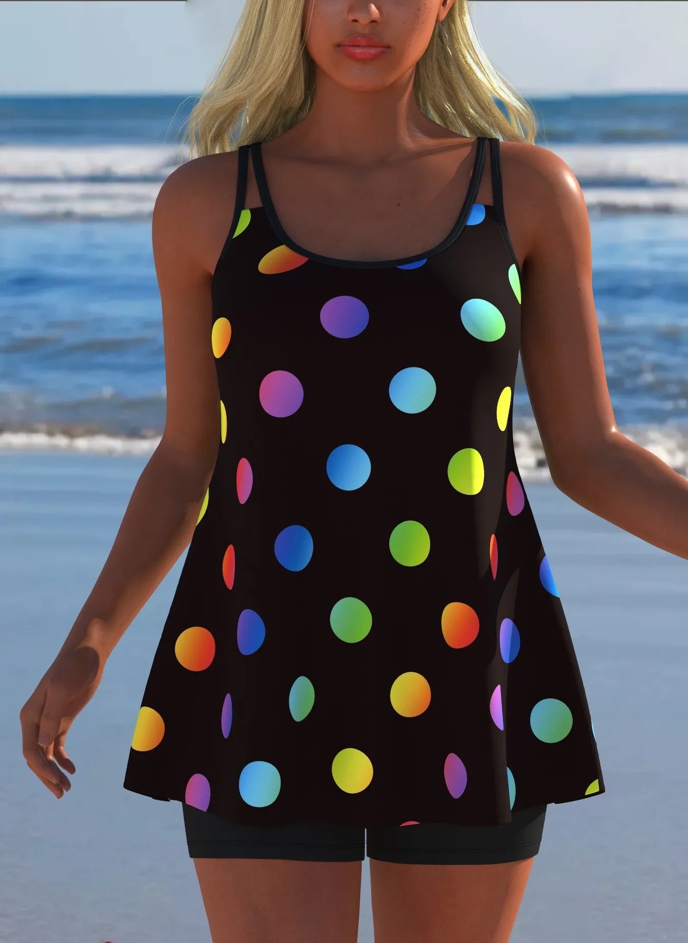Black White Print Tankini Sleeveless Flared Hem Tankini Top High Stretch Swim Tank Gradient Adjustable Straps Two Piece Swim Top