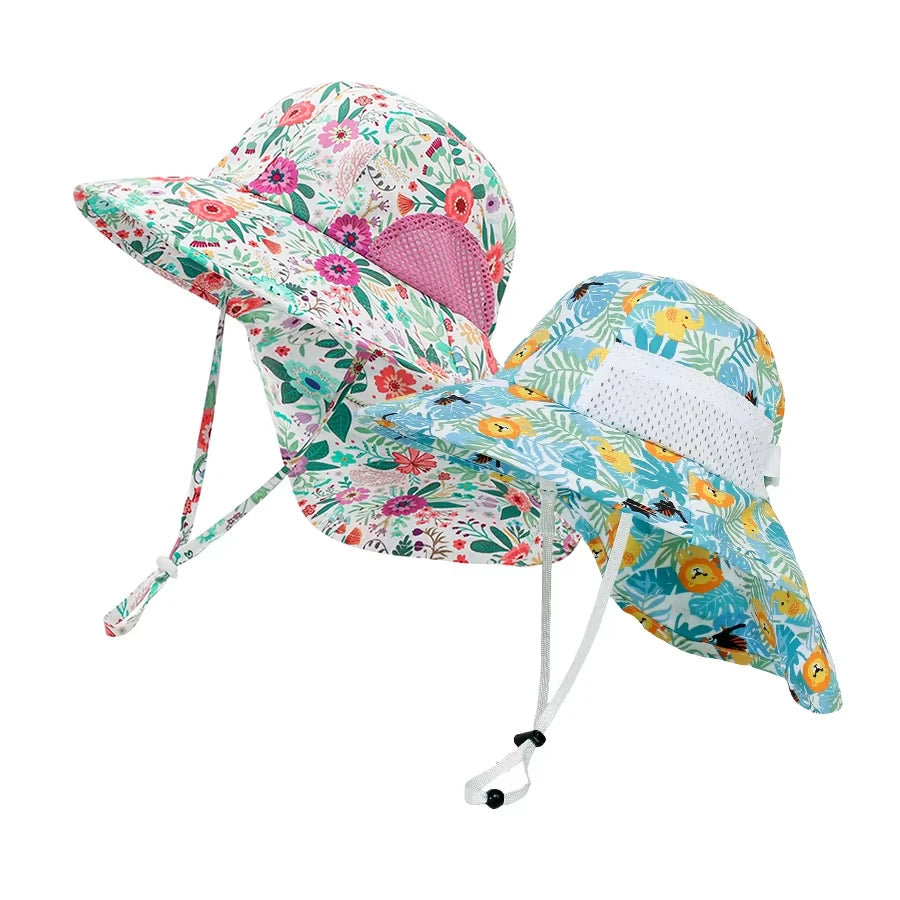 2-piece 1-13Y Children's Digital Printing Adjustable Sunscreen Neck Hat for Protection - Sun Hat