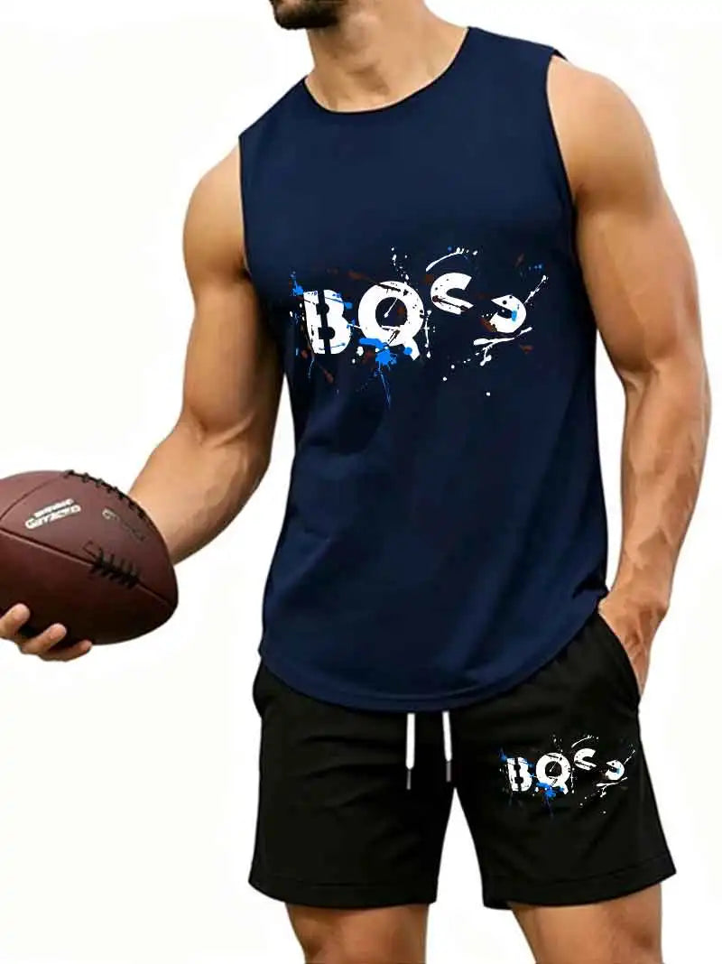 Men's  Graffiti Letter Print 2-Piece Tracksuit, Sleeveless Muscle Tank Top with Drawstring Shorts, Casual Urban Sportswear