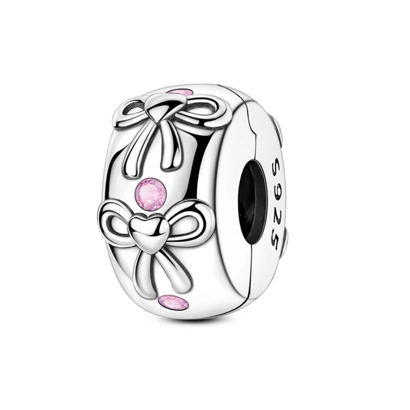Silver Bow Charms 925 Sterling Silver Pink Heart-shaped Bow Pendants Charms Beads Fit Original S925 Bangle Bracelets DIY Jewelry