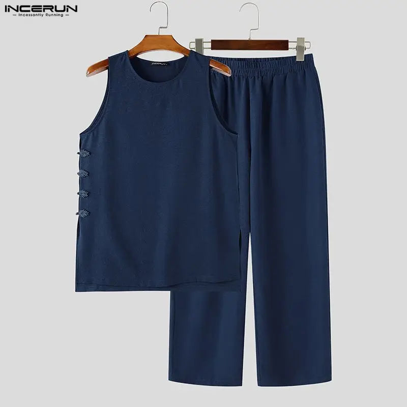INCERUN Men's Sets Solid Vintage Streetwear Loose Sleeveless Tank Tops Pants Two Piece Sets 2026 Summer Casual Men Matching Sets