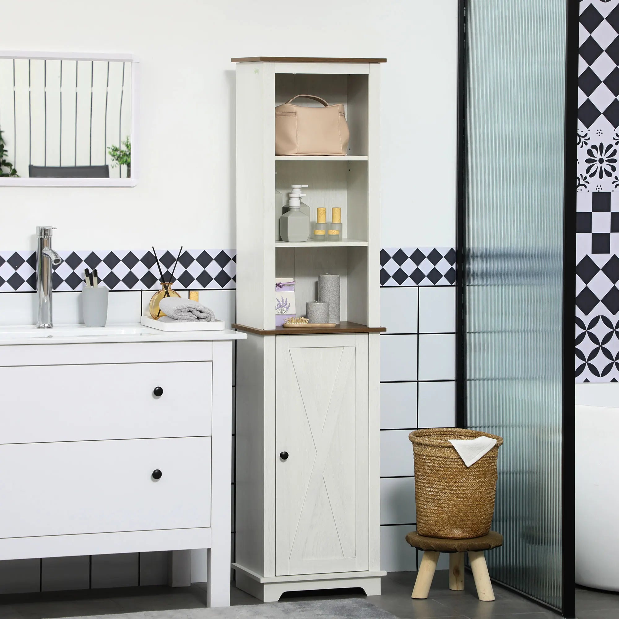 Farmhouse Bathroom Cabinet, Tall Storage Cabinet with Door and Adjustable Shelves, 15.5" x 11.75" x 63", White