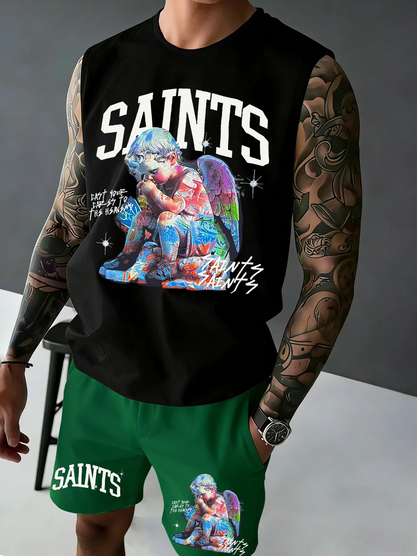 Men's Printed Sleeveless Tank Top and Shorts Set: Casual, Sports, and Leisure Summer Outfits