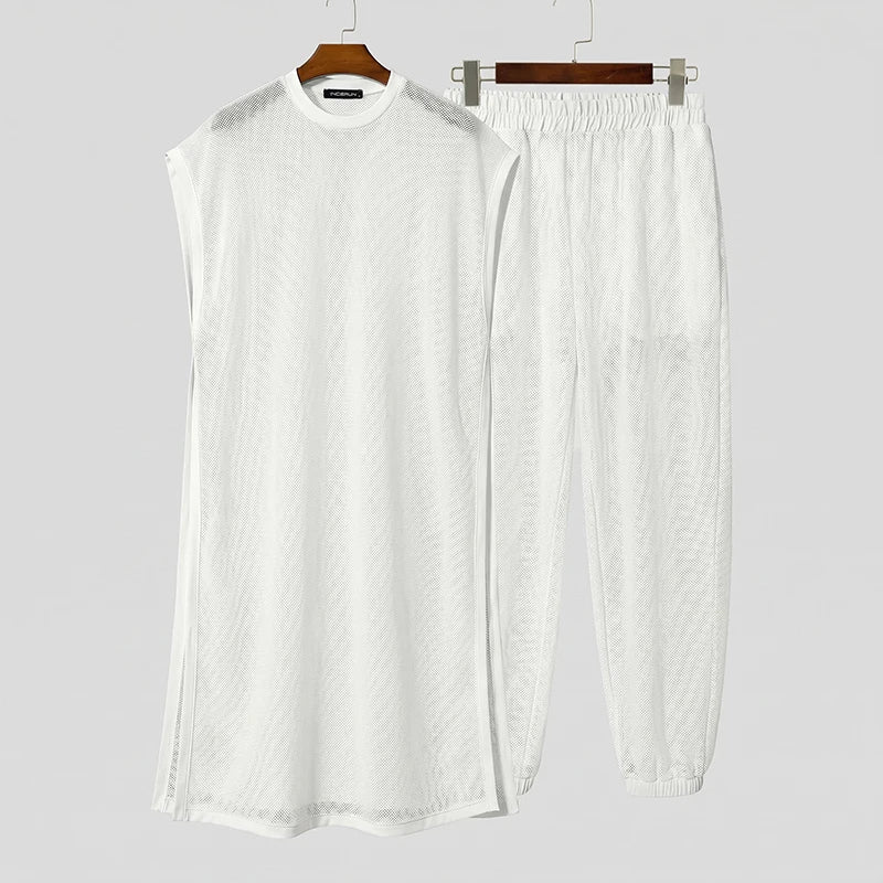 INCERUN Men Sets Mesh See Through Sleeveless Irregular Vests Pants Two Piece Sets Streetwear Sexy 2026 Fashion Men Matching Sets