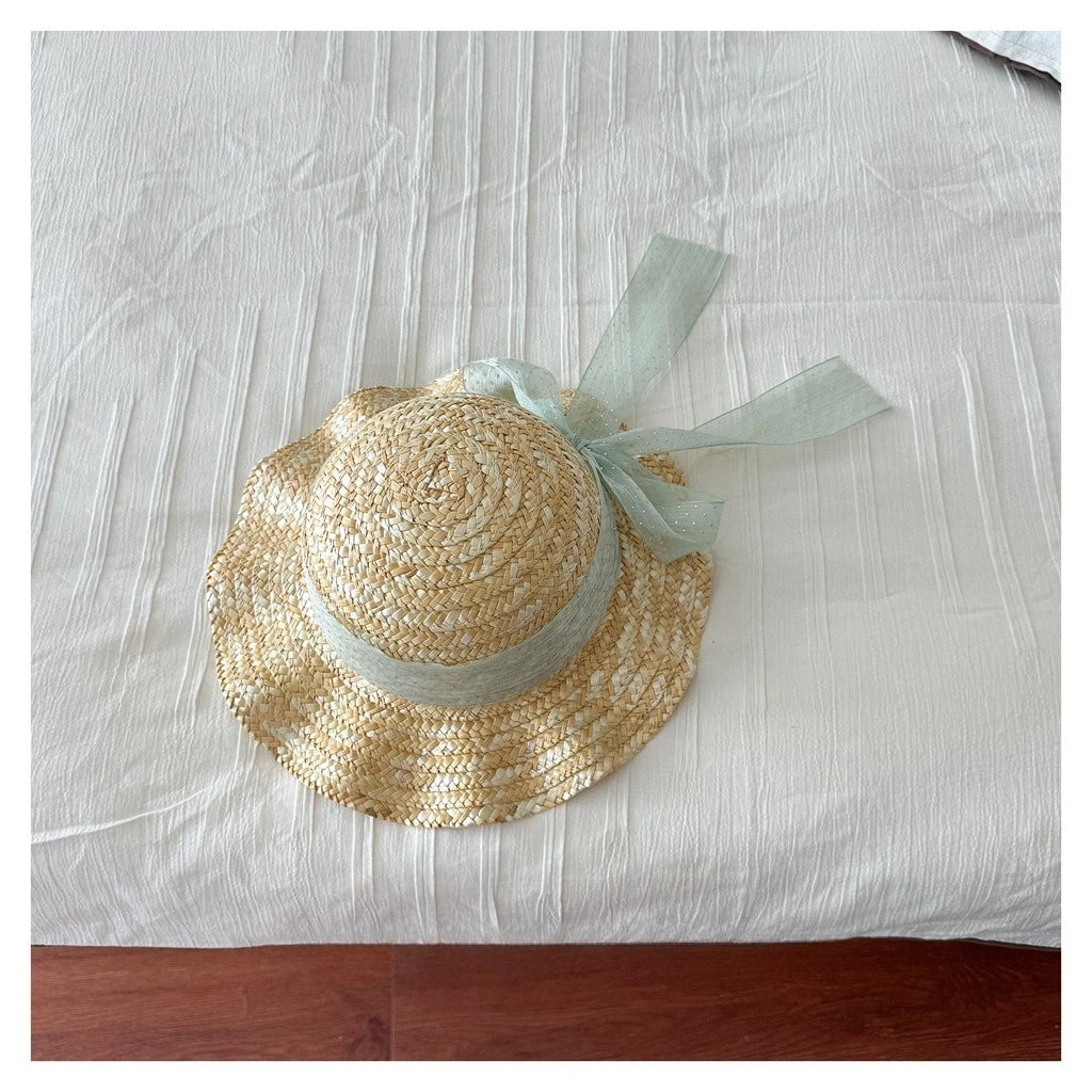 Kids Natural Straw Sun Hat with Chiffon Bow Ribbon Breathable Ruffled Brim Hat for Girls Summer Beach Activities Head Wear BT14