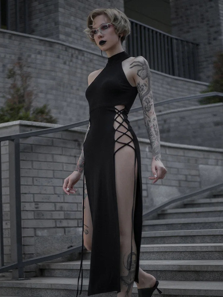 Hohe Split Sexy Verband Frauen Kleider Y2K Mall Gothic Halter Schlank Midi Kleid Schwarz Grunge Stil Alt party