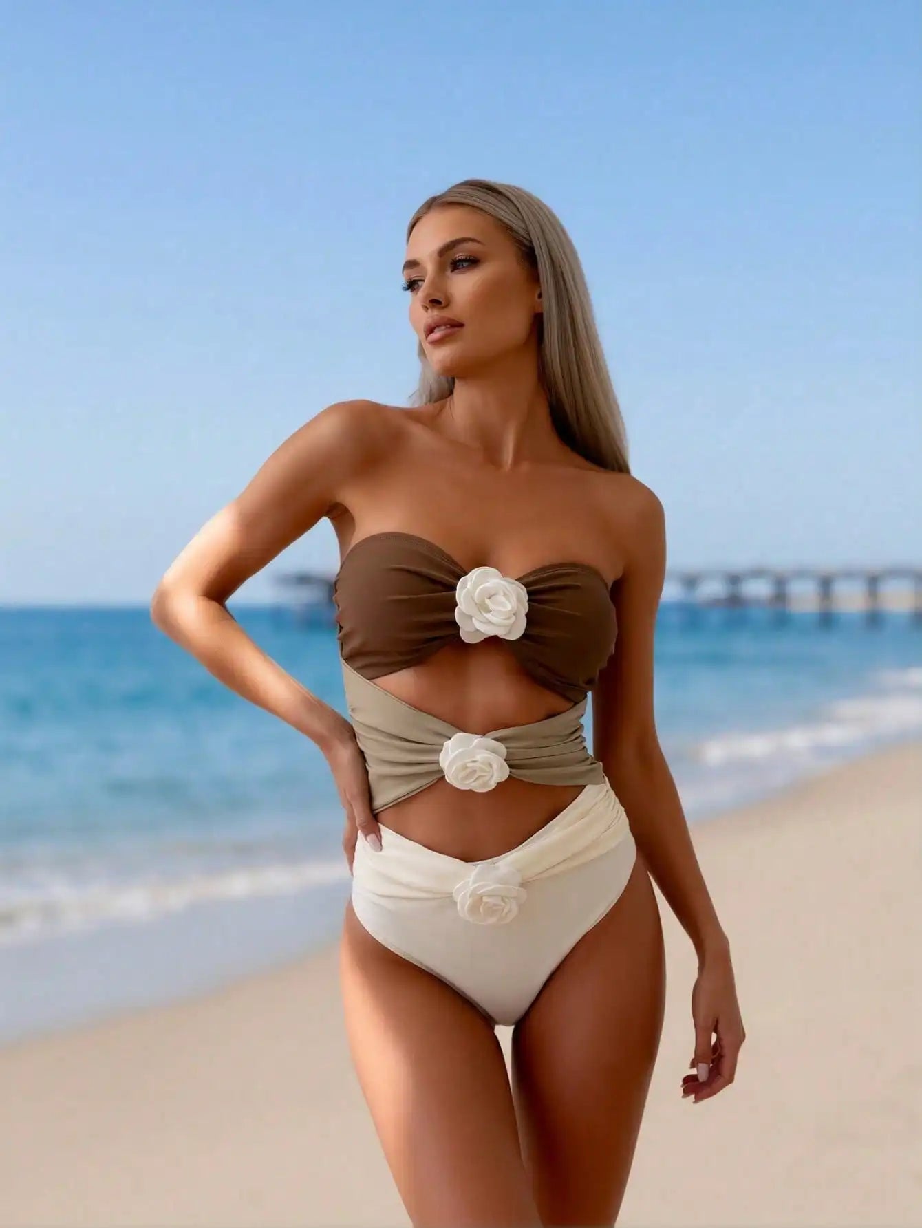 2026 New European And American Women's One-Piece Strapless Cutout Petal Belly-Covering Slim Sexy Beach Vacation Swimsuit