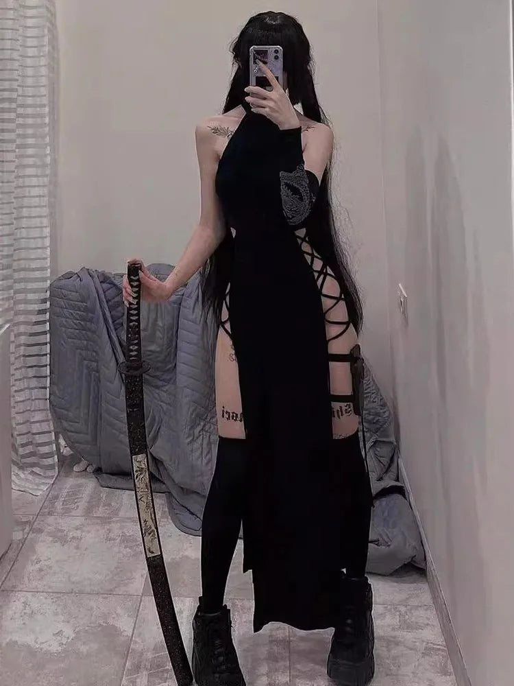 Hohe Split Sexy Verband Frauen Kleider Y2K Mall Gothic Halter Schlank Midi Kleid Schwarz Grunge Stil Alt party