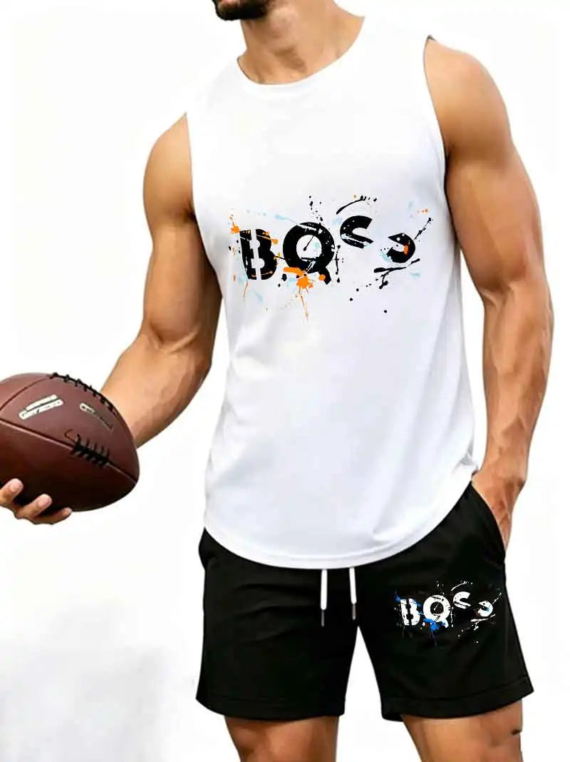 Men's  Graffiti Letter Print 2-Piece Tracksuit, Sleeveless Muscle Tank Top with Drawstring Shorts, Casual Urban Sportswear
