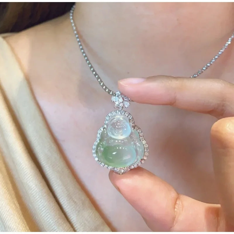 Natural ice Buddha with floral patterns, 1k inlay, genuine Burmese clear water jadeite pendant
