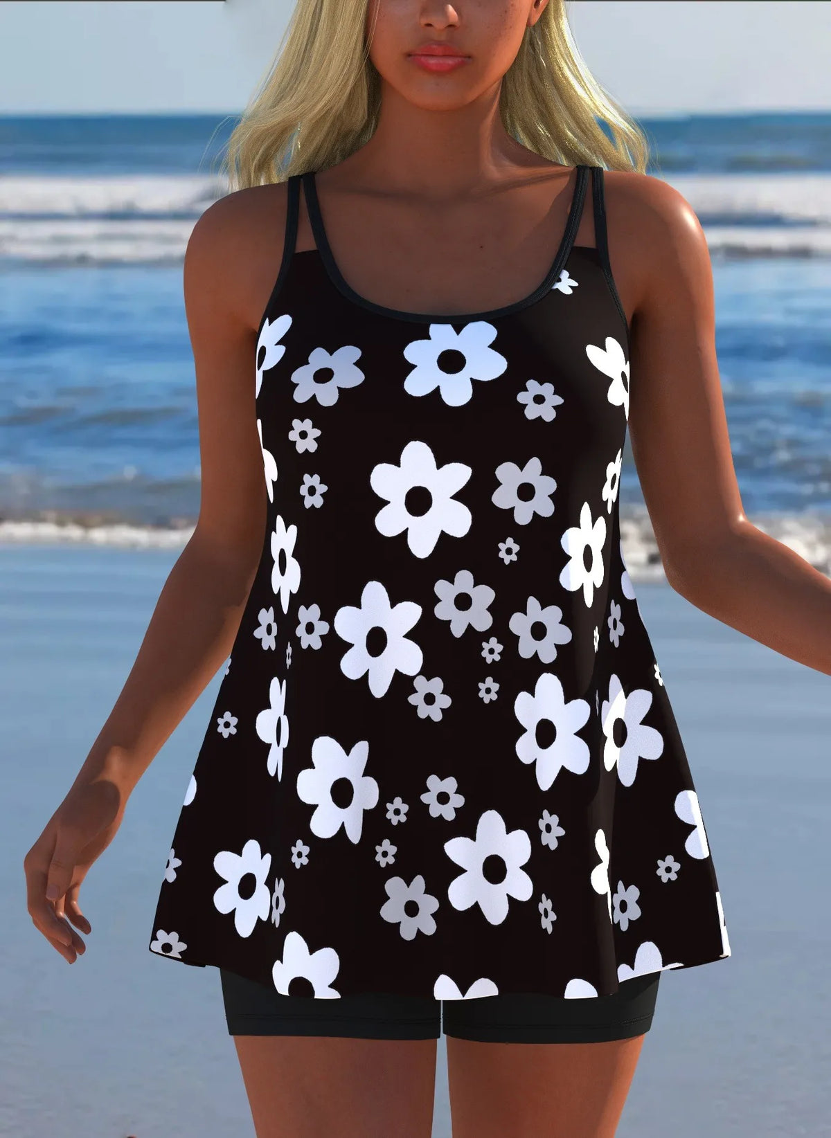Black White Print Tankini Sleeveless Flared Hem Tankini Top High Stretch Swim Tank Gradient Adjustable Straps Two Piece Swim Top
