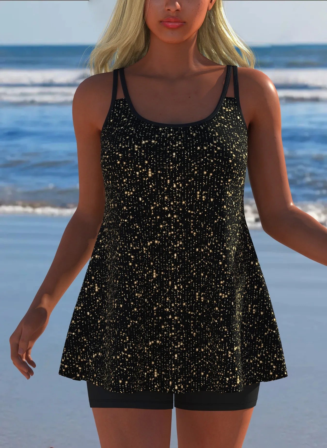 Black White Print Tankini Sleeveless Flared Hem Tankini Top High Stretch Swim Tank Gradient Adjustable Straps Two Piece Swim Top