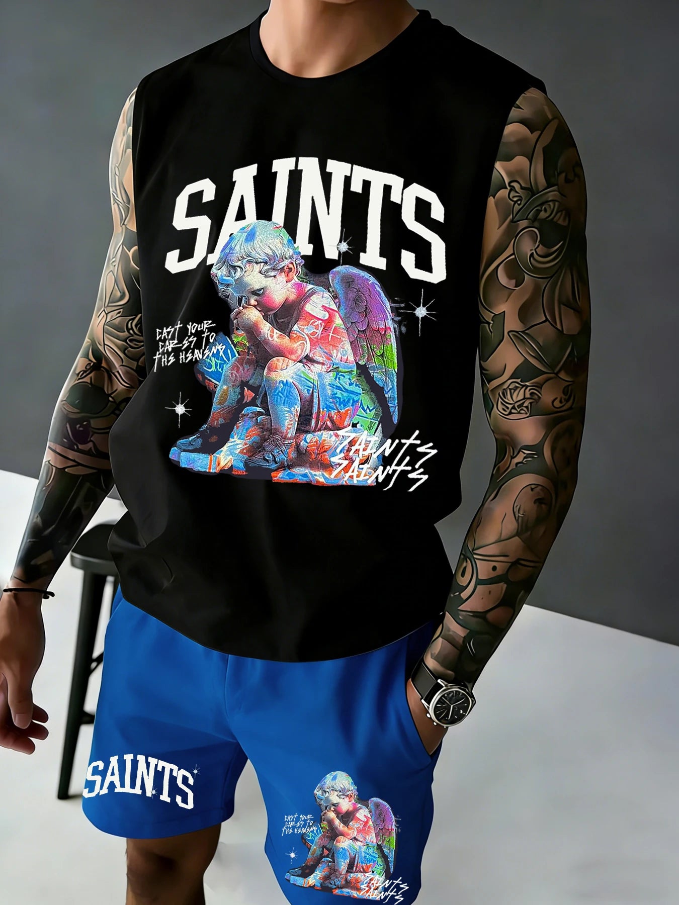 Men's Printed Sleeveless Tank Top and Shorts Set: Casual, Sports, and Leisure Summer Outfits