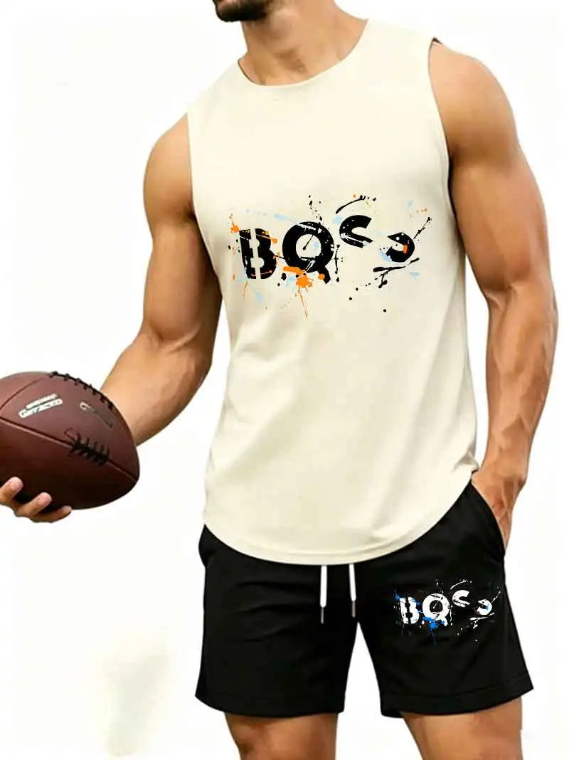 Men's  Graffiti Letter Print 2-Piece Tracksuit, Sleeveless Muscle Tank Top with Drawstring Shorts, Casual Urban Sportswear