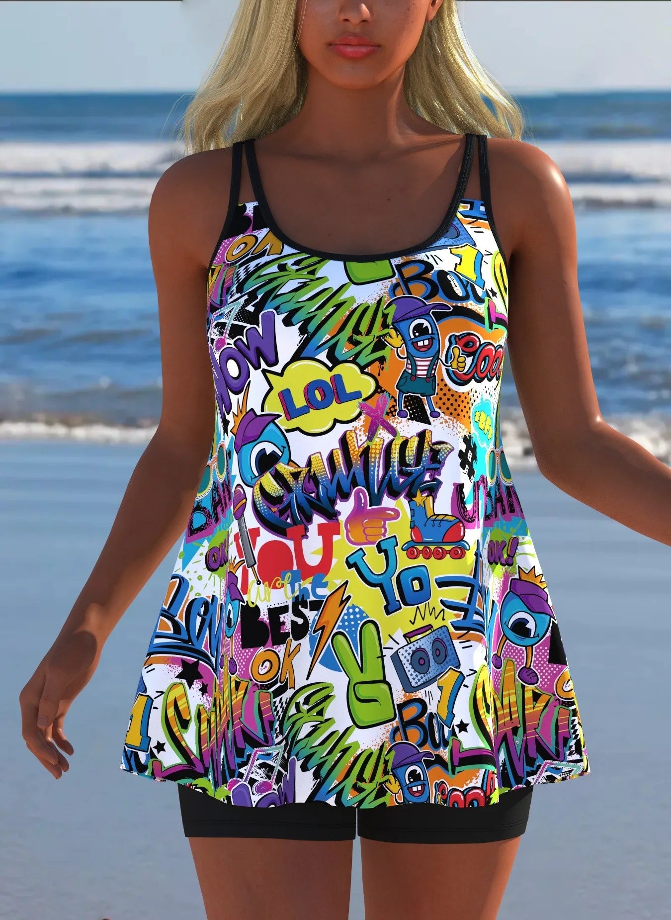 Black White Print Tankini Sleeveless Flared Hem Tankini Top High Stretch Swim Tank Gradient Adjustable Straps Two Piece Swim Top